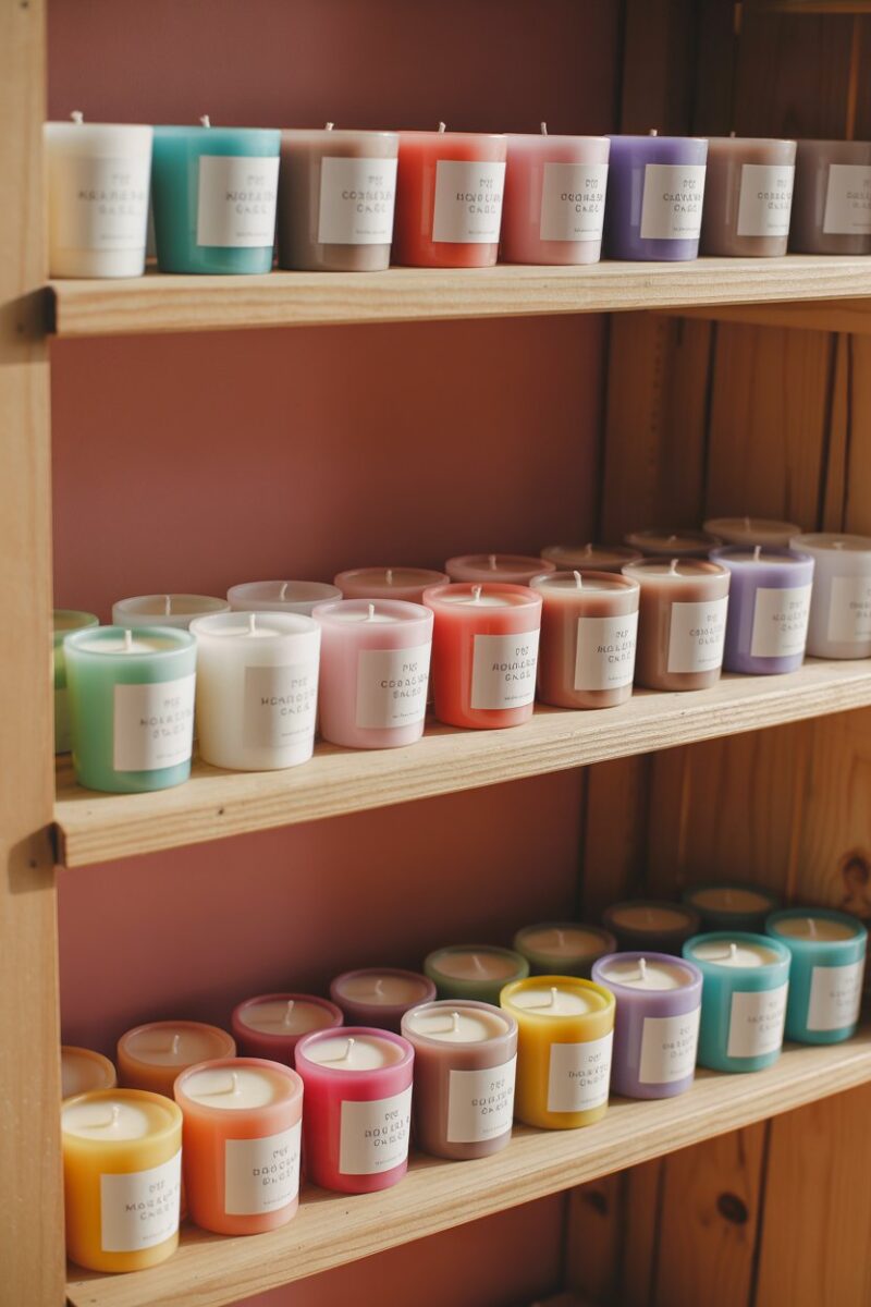 A display of colorful handmade scented candles on wooden shelves.