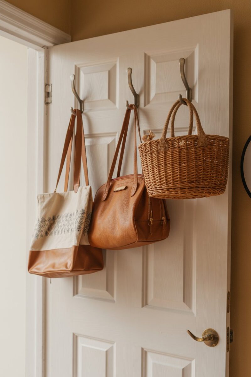 A door with multiple bags hanging on over-the-door hooks.