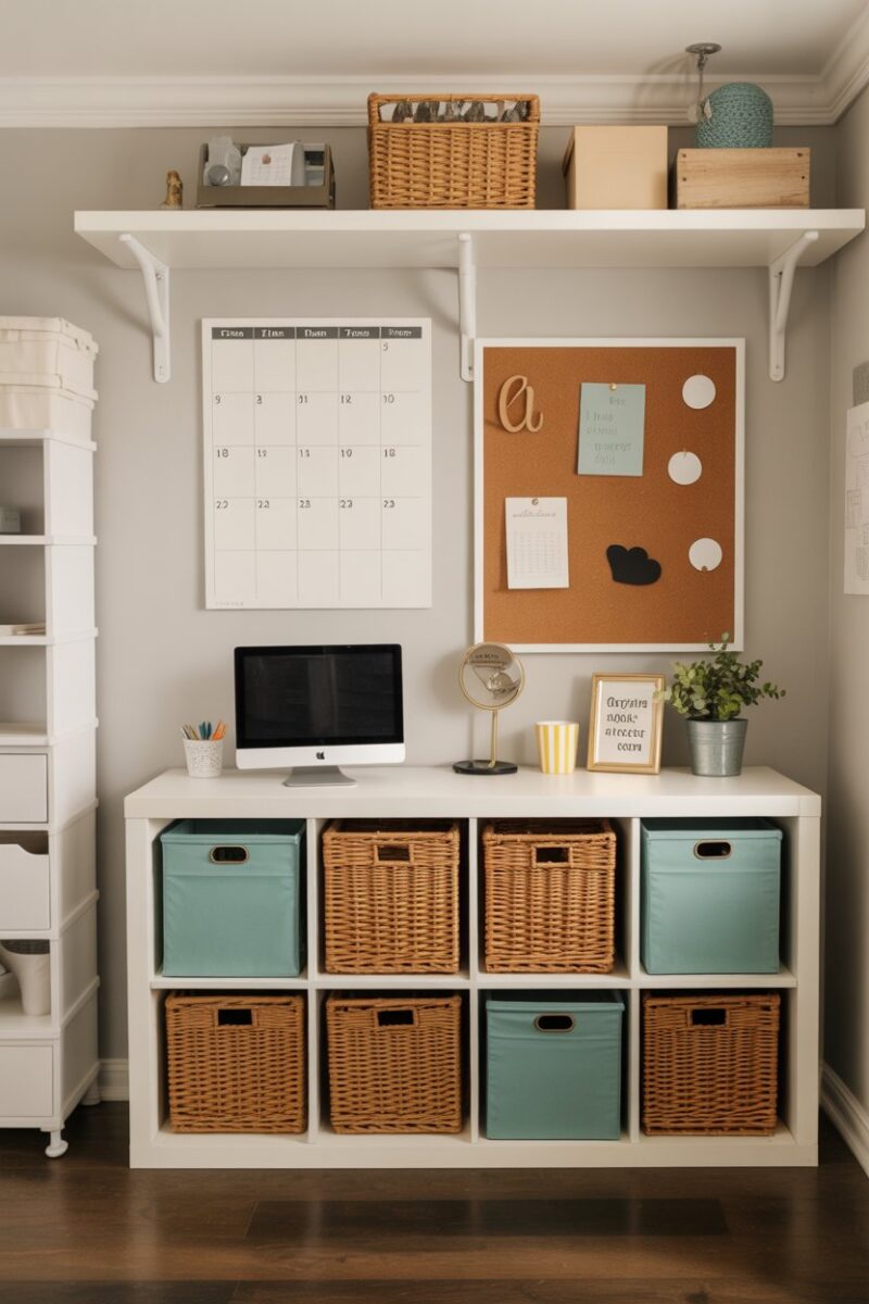 A family command center featuring a calendar, cork boards, and organized storage bins.