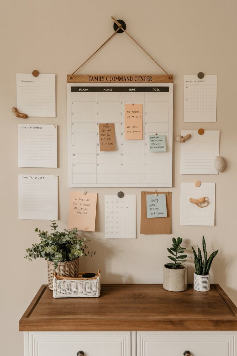 A family command center with a calendar, to-do lists, and various notes on a wall.