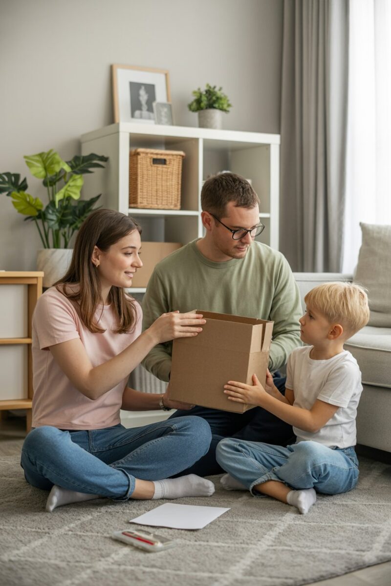 A family engaging in a decluttering activity at home.