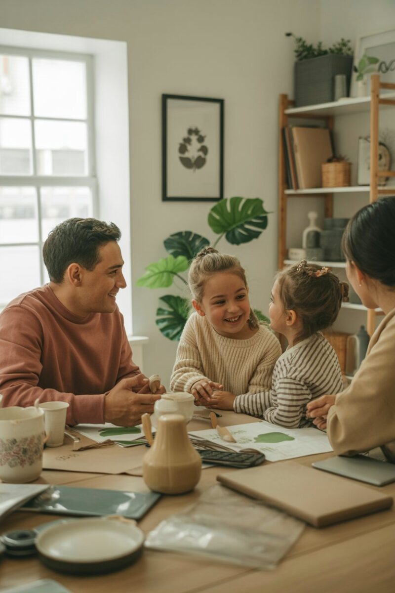 A family gathered around a table discussing eco-friendly practices with smiles and engagement.