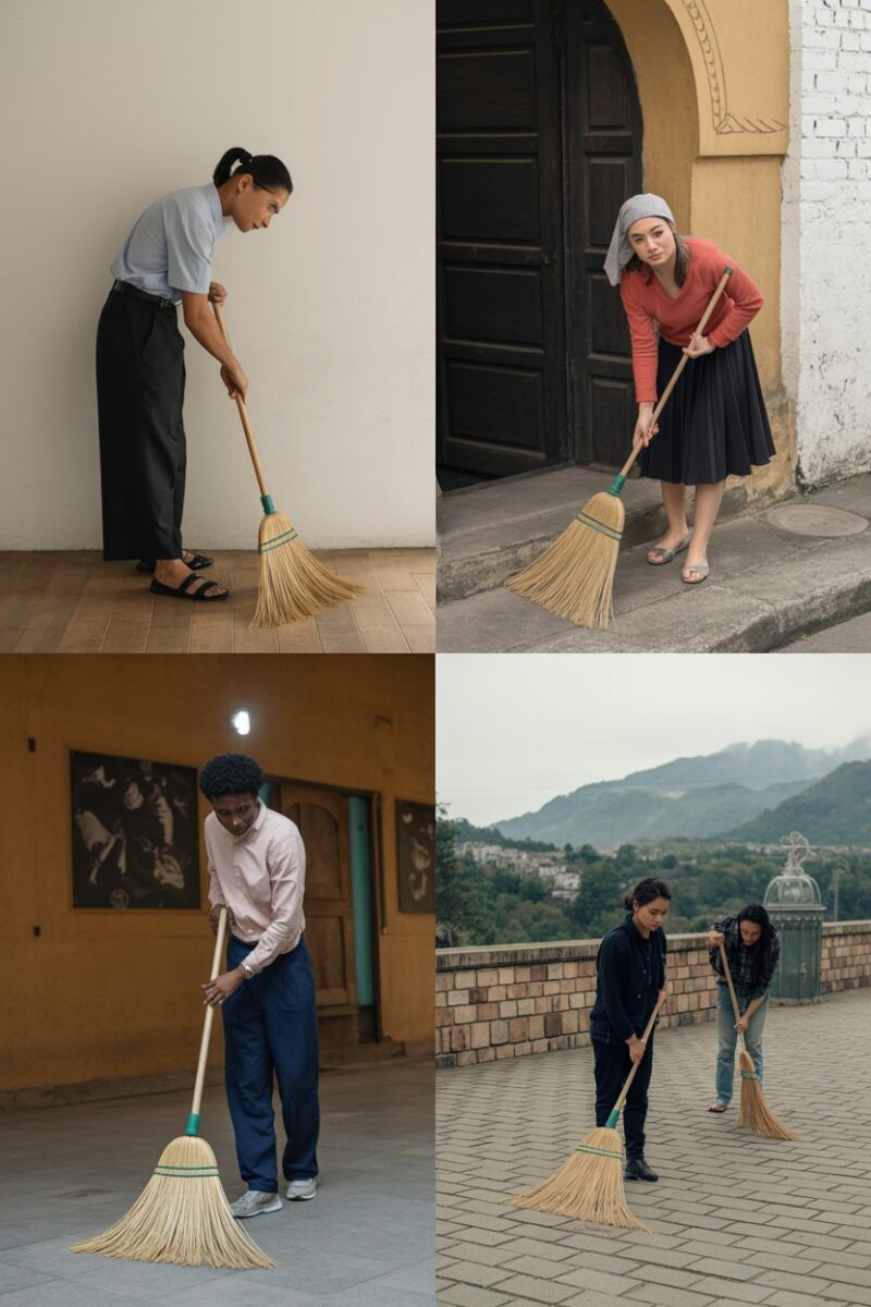 A collage showing diverse individuals sweeping in different cultural settings.