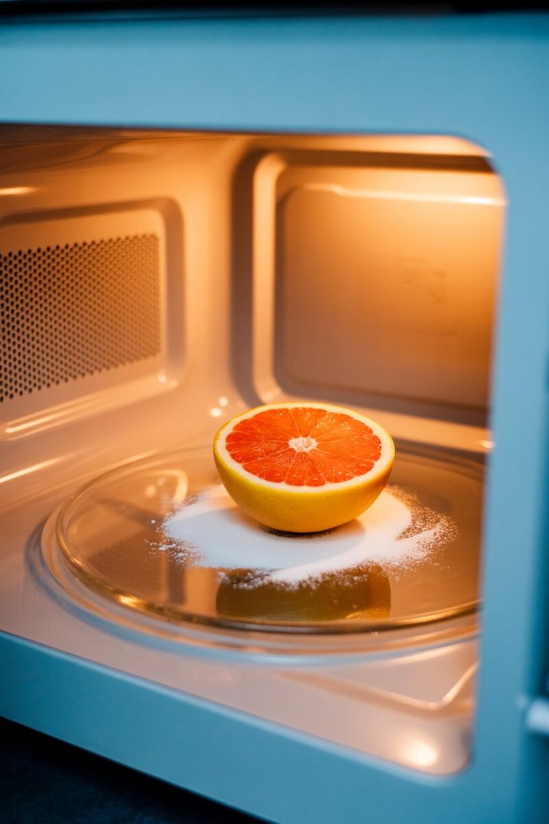 A grapefruit half with baking soda on a microwave interior, showcasing a cleaning method.