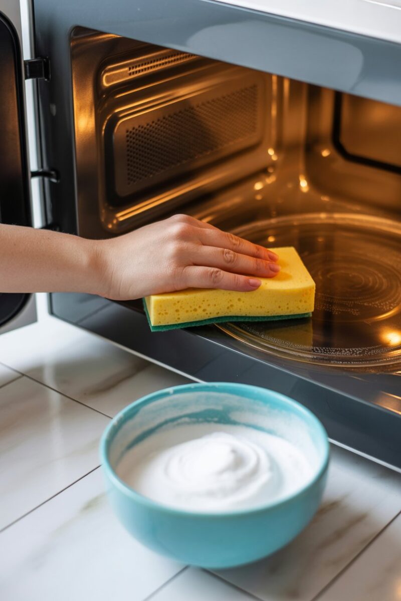 A hand cleaning the inside of a microwave with a sponge, next to a bowl of baking soda paste.