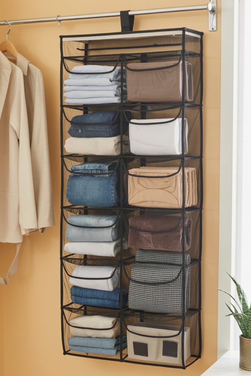 A hanging closet organizer with multiple pockets filled with various clothing items.