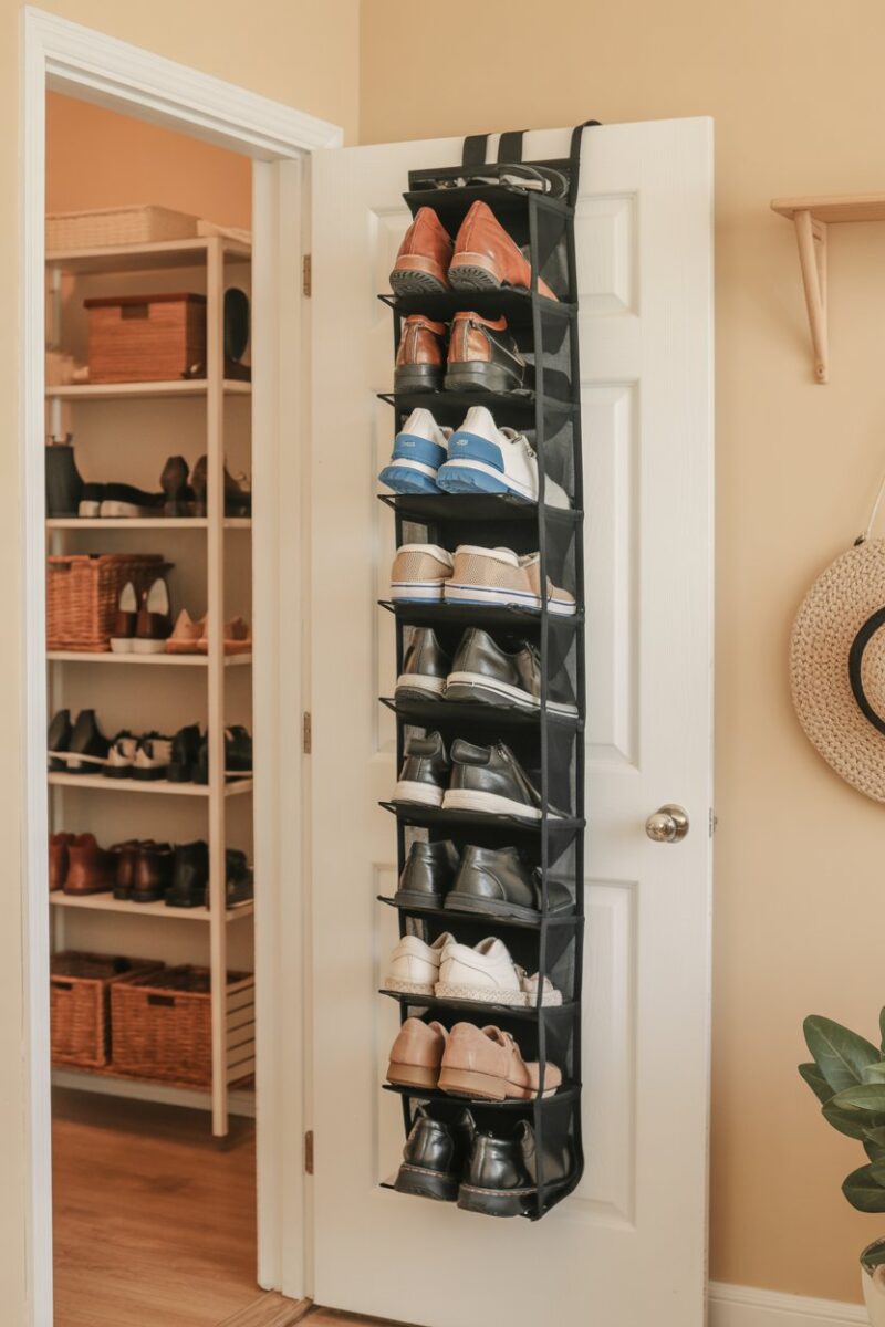 A hanging shoe organizer filled with various pairs of shoes, mounted on a door.