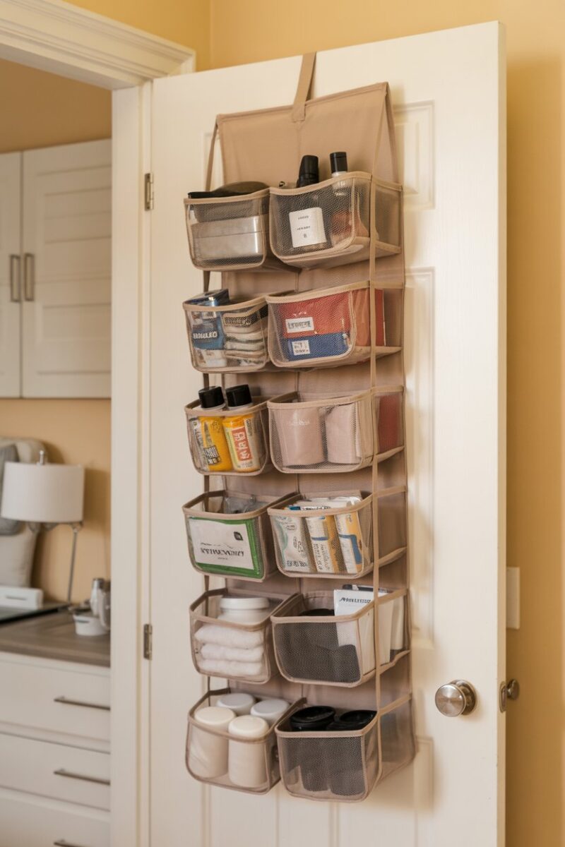A hanging shoe organizer filled with various items like toiletries and snacks.