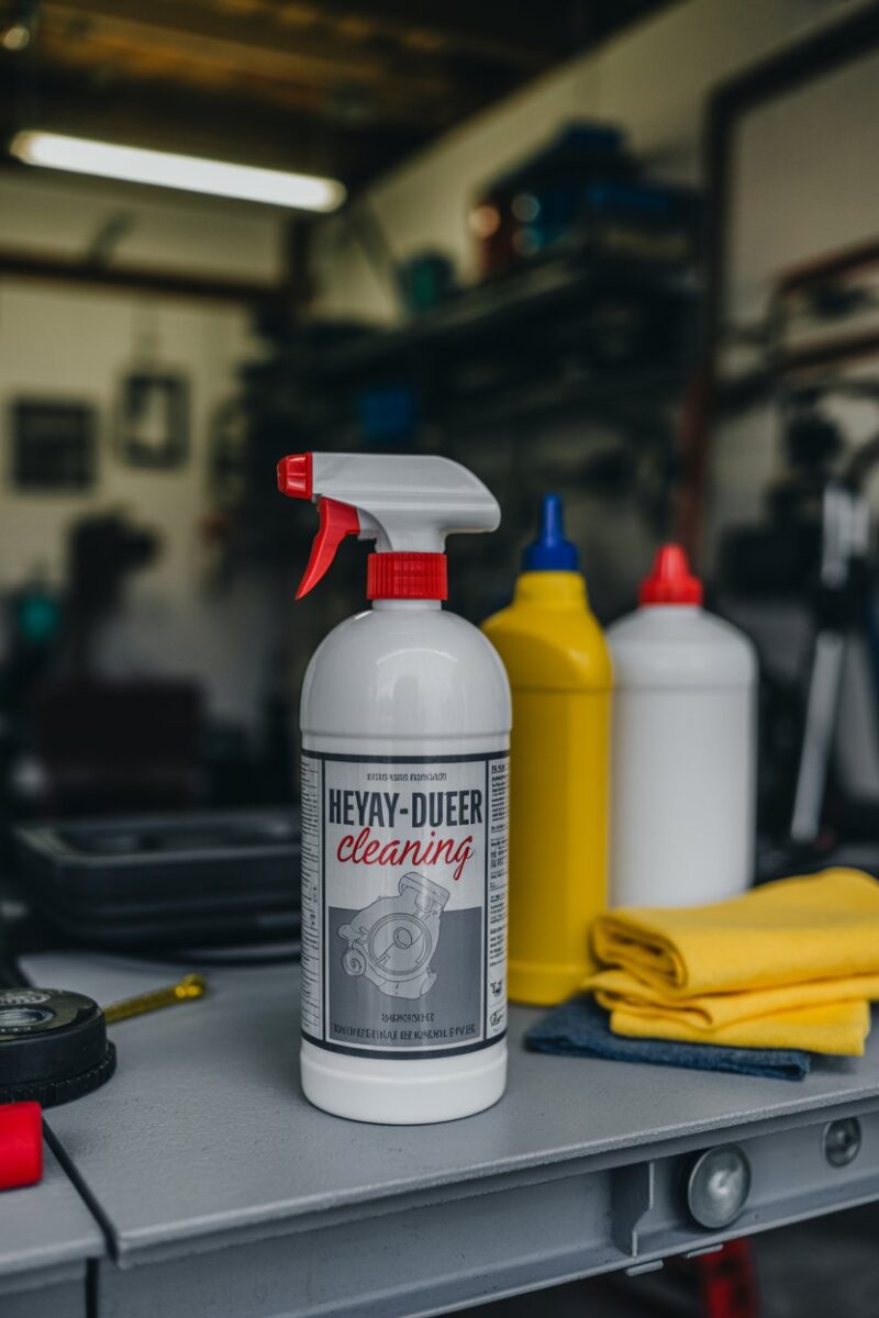 A heavy-duty cleaner bottle with cleaning supplies in a garage setting.