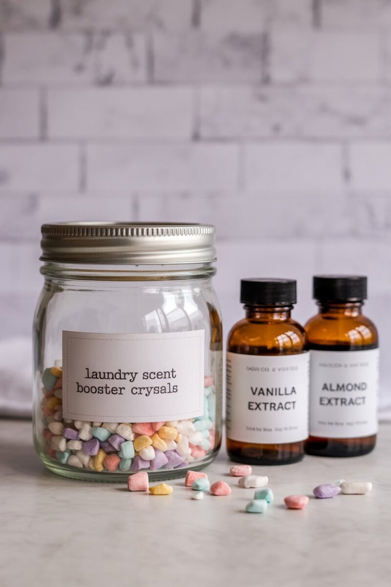 A jar filled with colorful laundry scent booster crystals next to bottles of vanilla and almond extract.