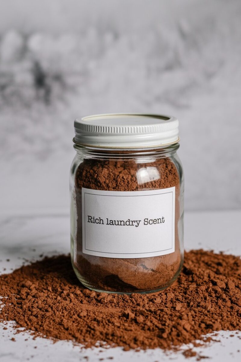 A jar filled with ground coffee and cocoa powder labeled 'Rich laundry scent'.