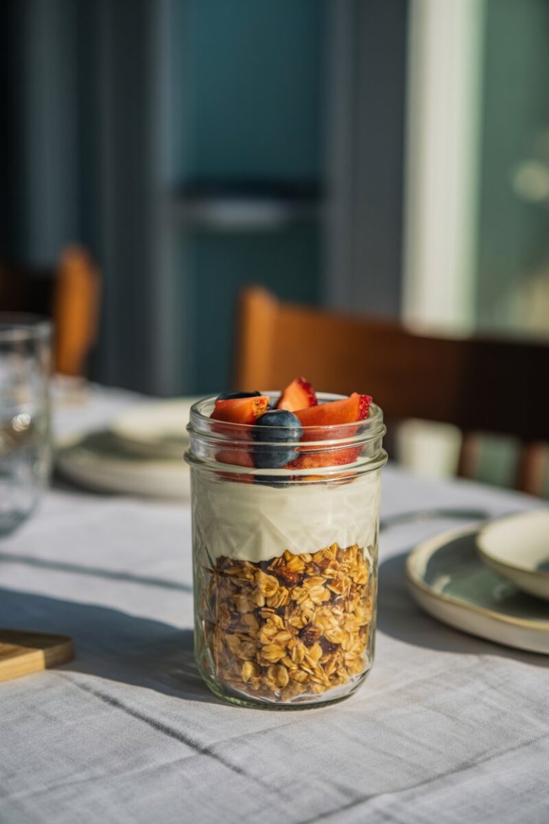 A jar of homemade granola topped with fresh fruits, placed on a dining table.