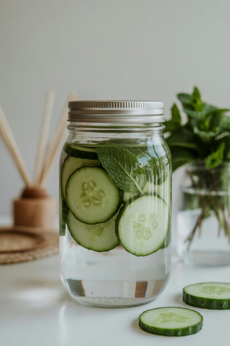 A jar of water with cucumber slices and mint leaves, creating a natural air freshener.