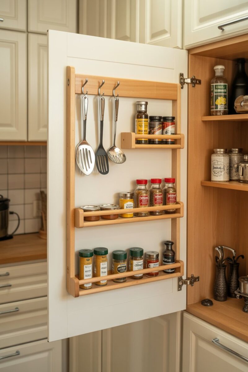 A kitchen cabinet door with hooks and shelves for organizing utensils and spices.
