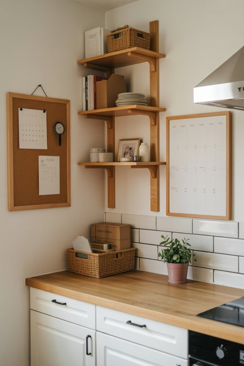 A kitchen corner featuring a bulletin board, calendar, and storage shelves.