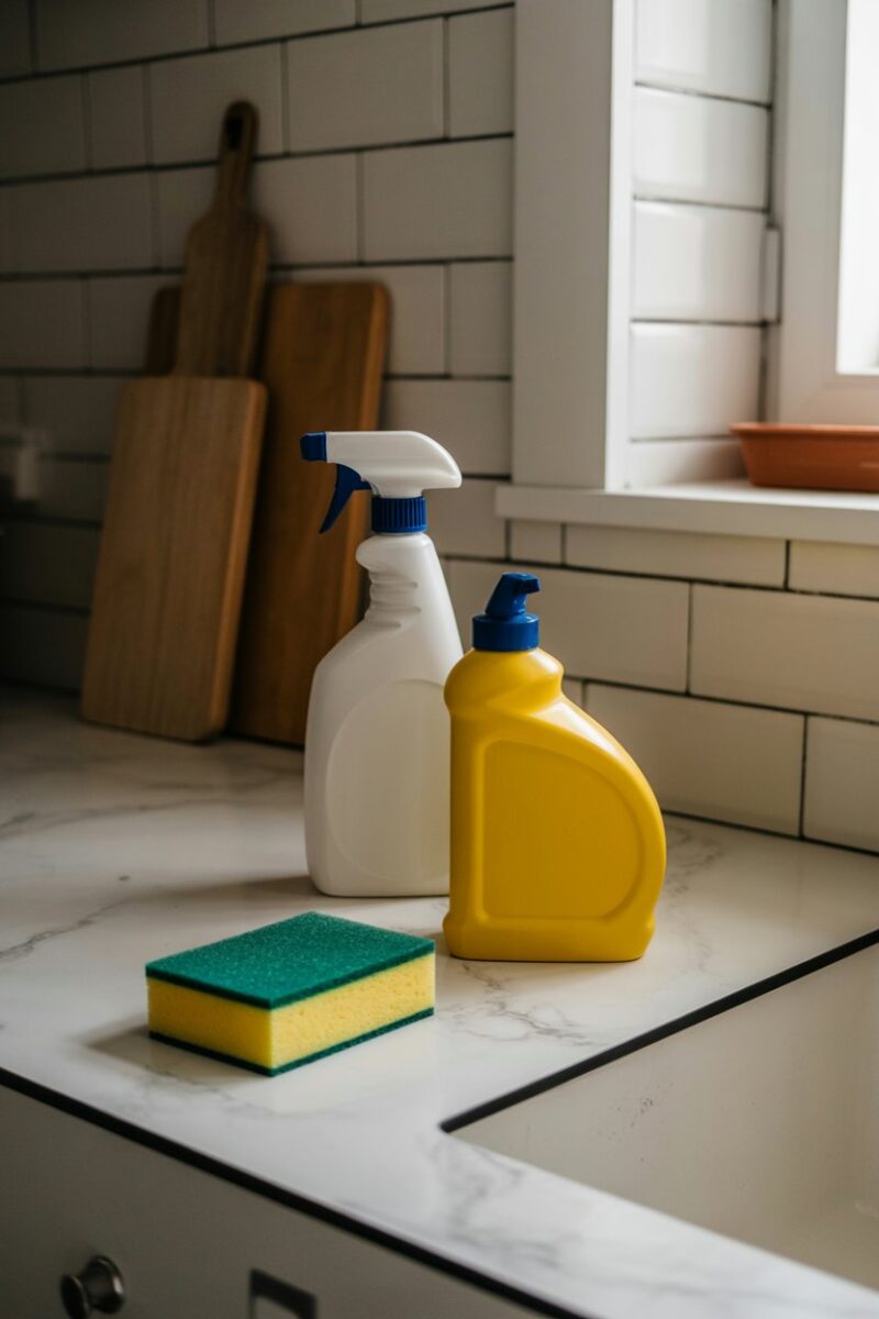 A kitchen countertop with baking soda, a sponge, and cleaning supplies.