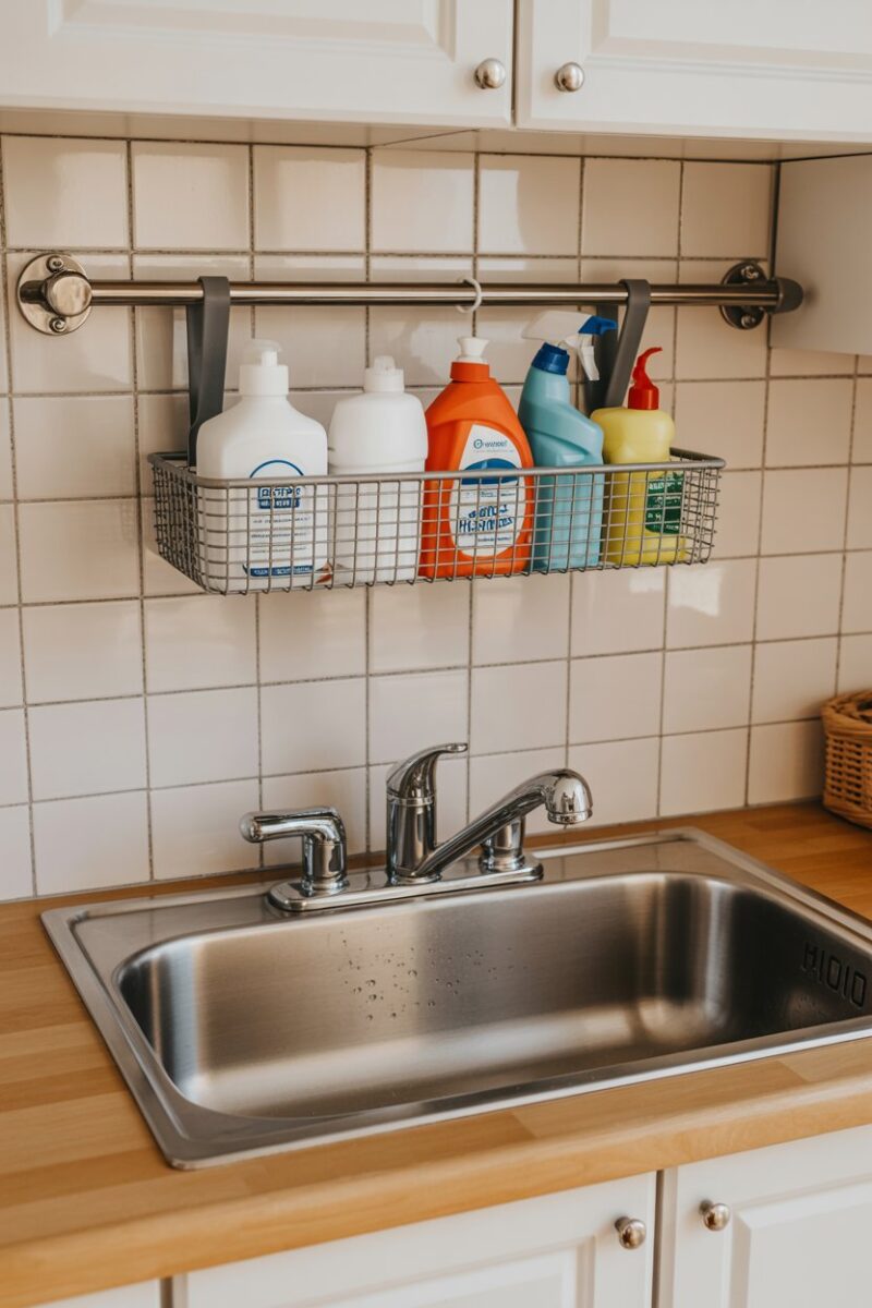 A kitchen sink area with cleaning supplies organized on a tension rod.