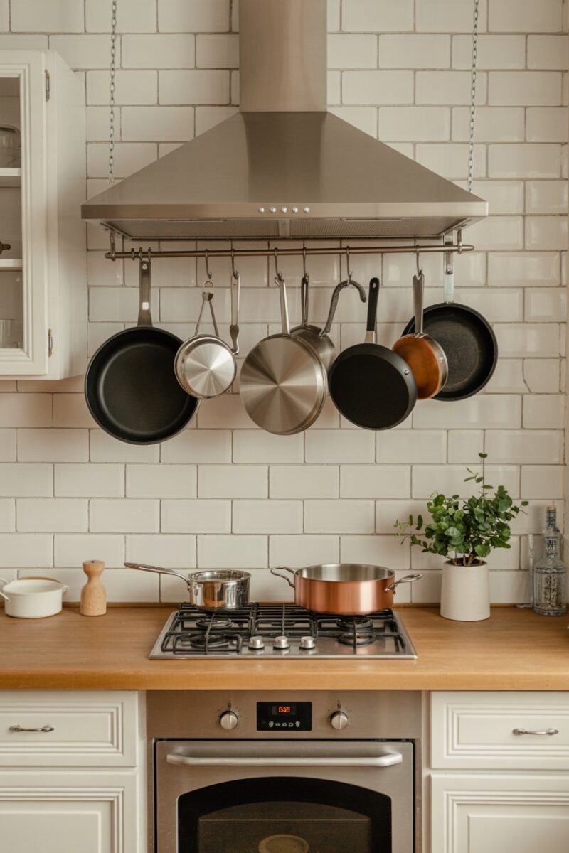A kitchen with a hanging pot rack displaying various pots and pans.
