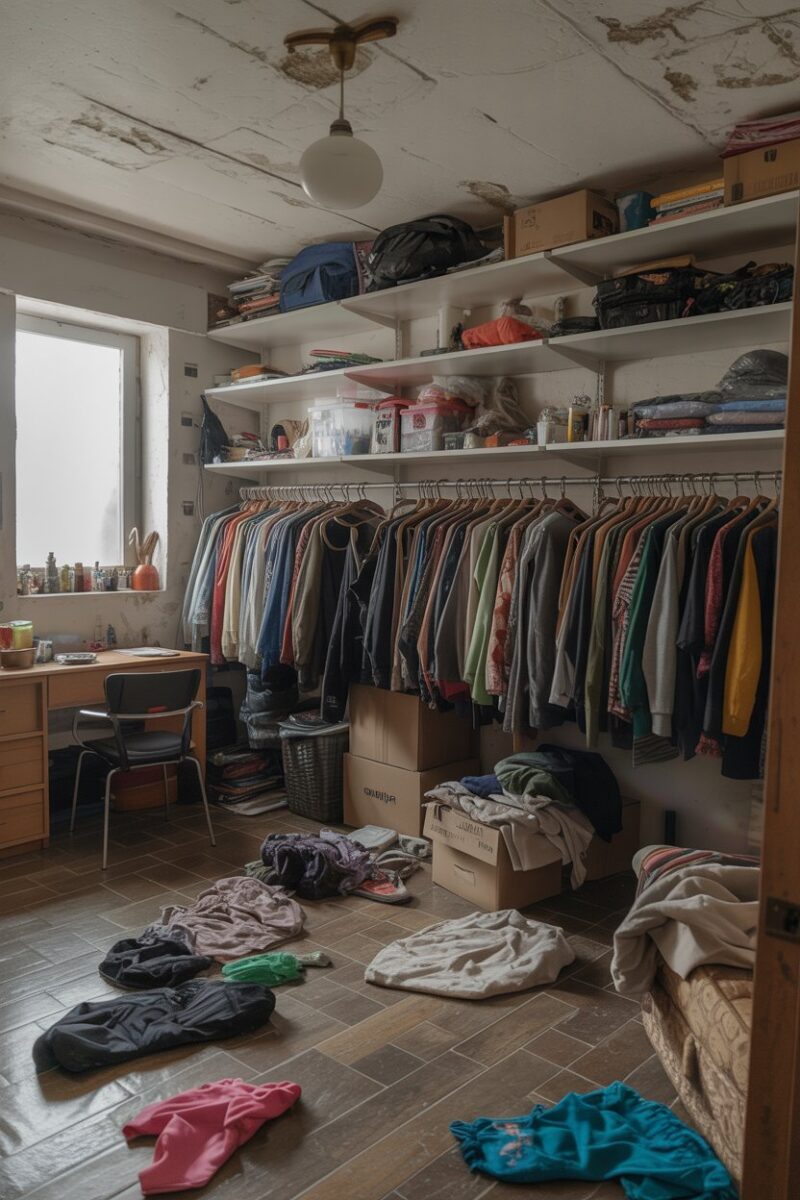 A messy room with clothes on the floor and cluttered shelves.