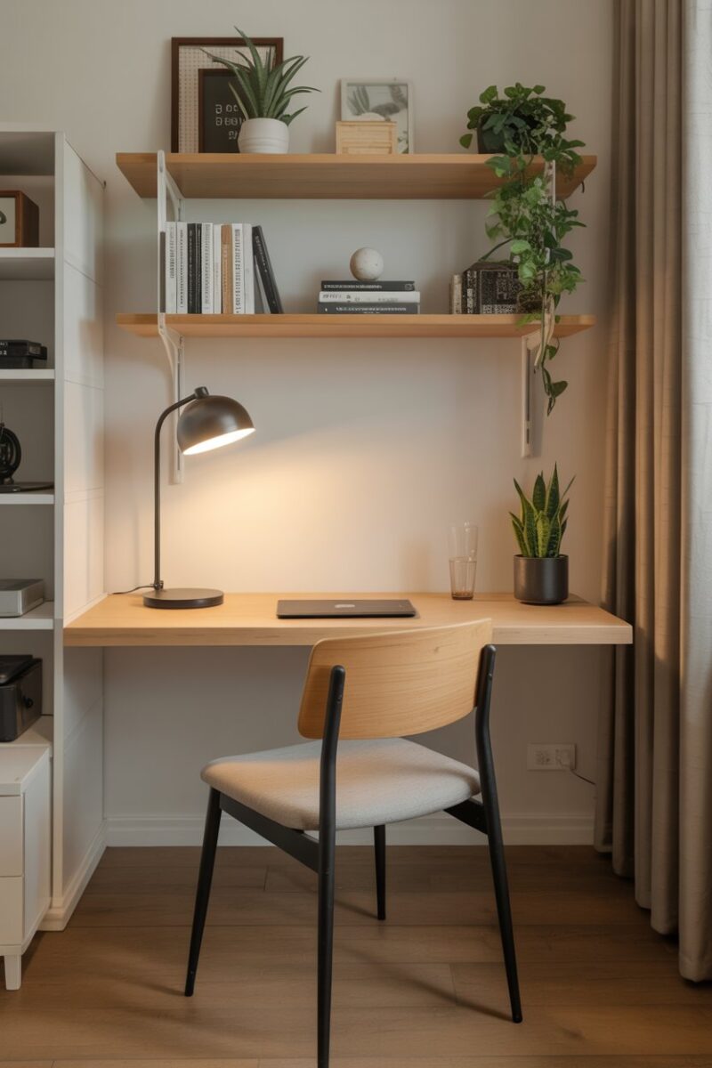A minimalist floating desk setup with a chair, lamp, and plants in a compact workspace.