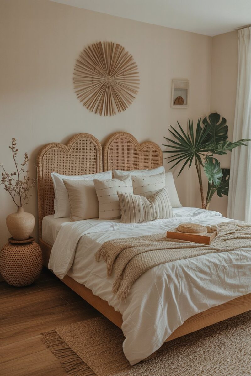 A neatly arranged bedroom with a made bed, decorative pillows, and minimal clutter.