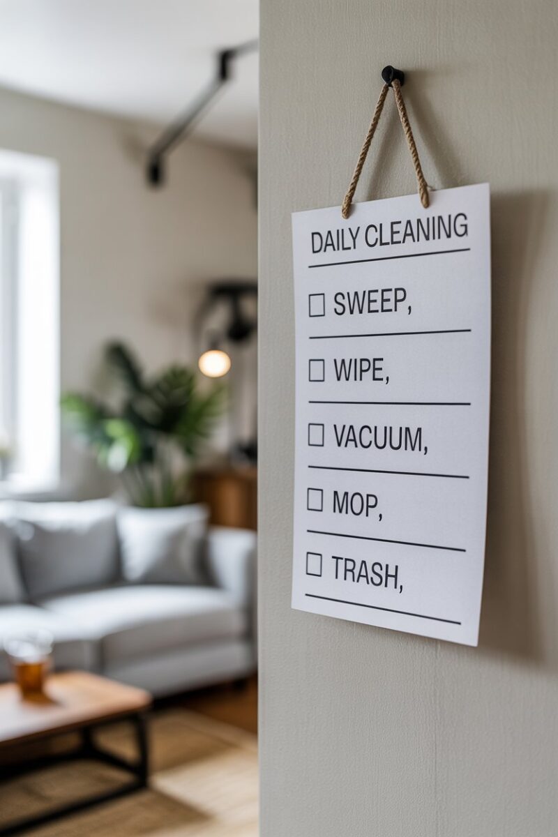 A daily checklist hanging on a wall with cleaning tasks and a calendar.