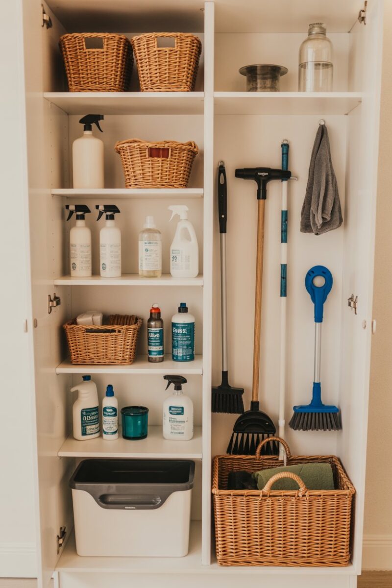 A neatly organized cleaning supply cabinet featuring eco-friendly products and tools.