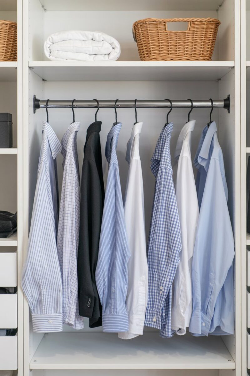 A neatly organized closet with space-saving hangers holding various shirts.