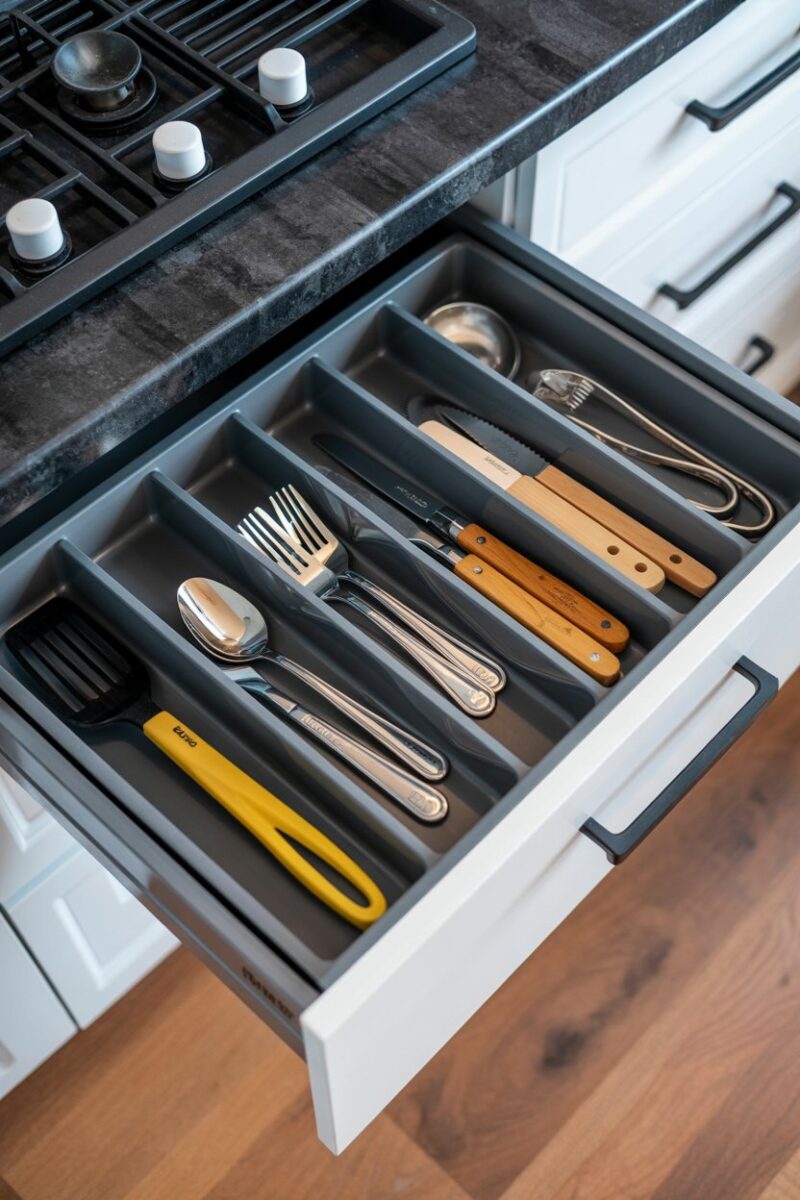 A neatly organized kitchen drawer with dividers separating various utensils and tools.