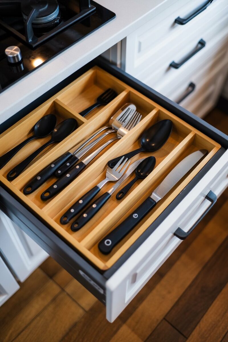 A neatly organized kitchen utensil drawer with various tools and dividers.