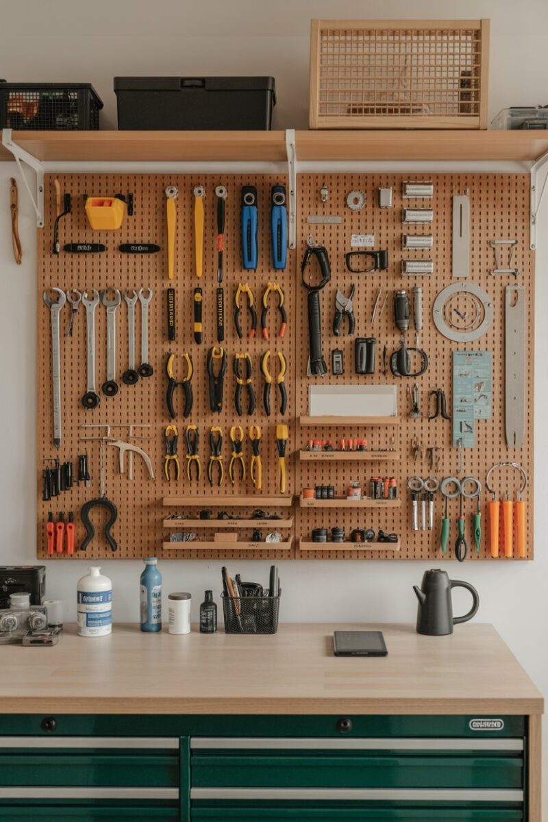 A pegboard displaying various tools and supplies, showcasing organized storage.