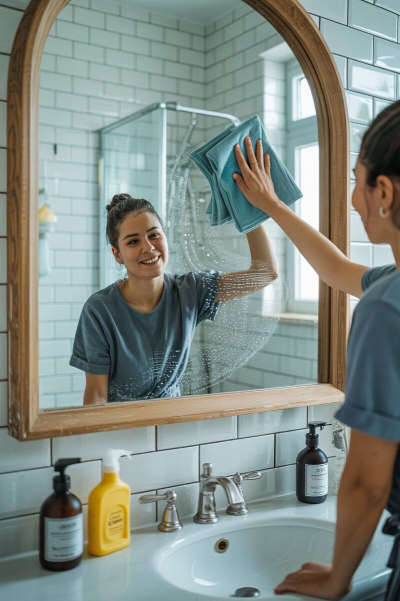 A person cleaning a bathroom mirror with a cloth, showcasing a bright and tidy bathroom.