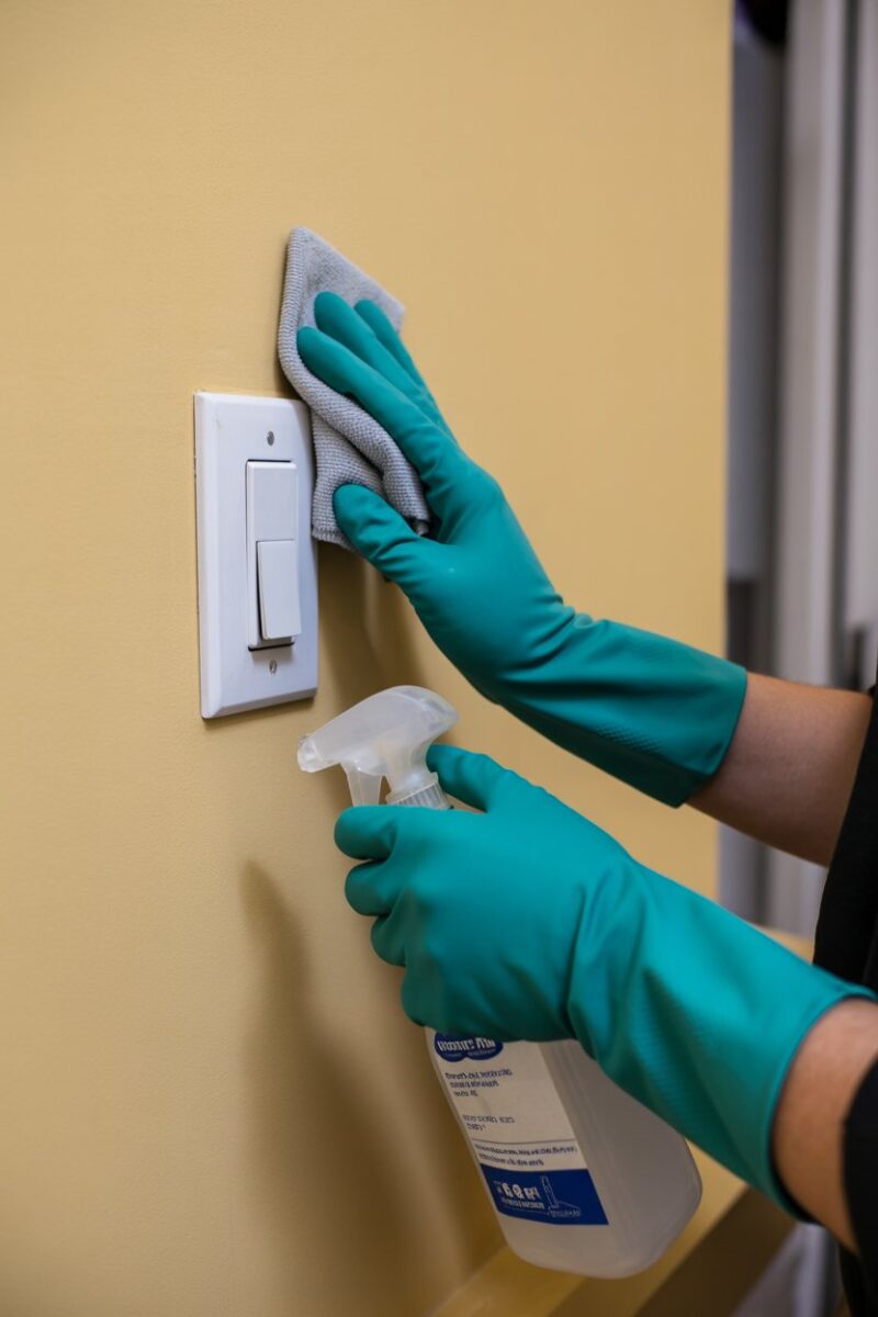 A person cleaning a light switch with a cloth while wearing blue gloves.