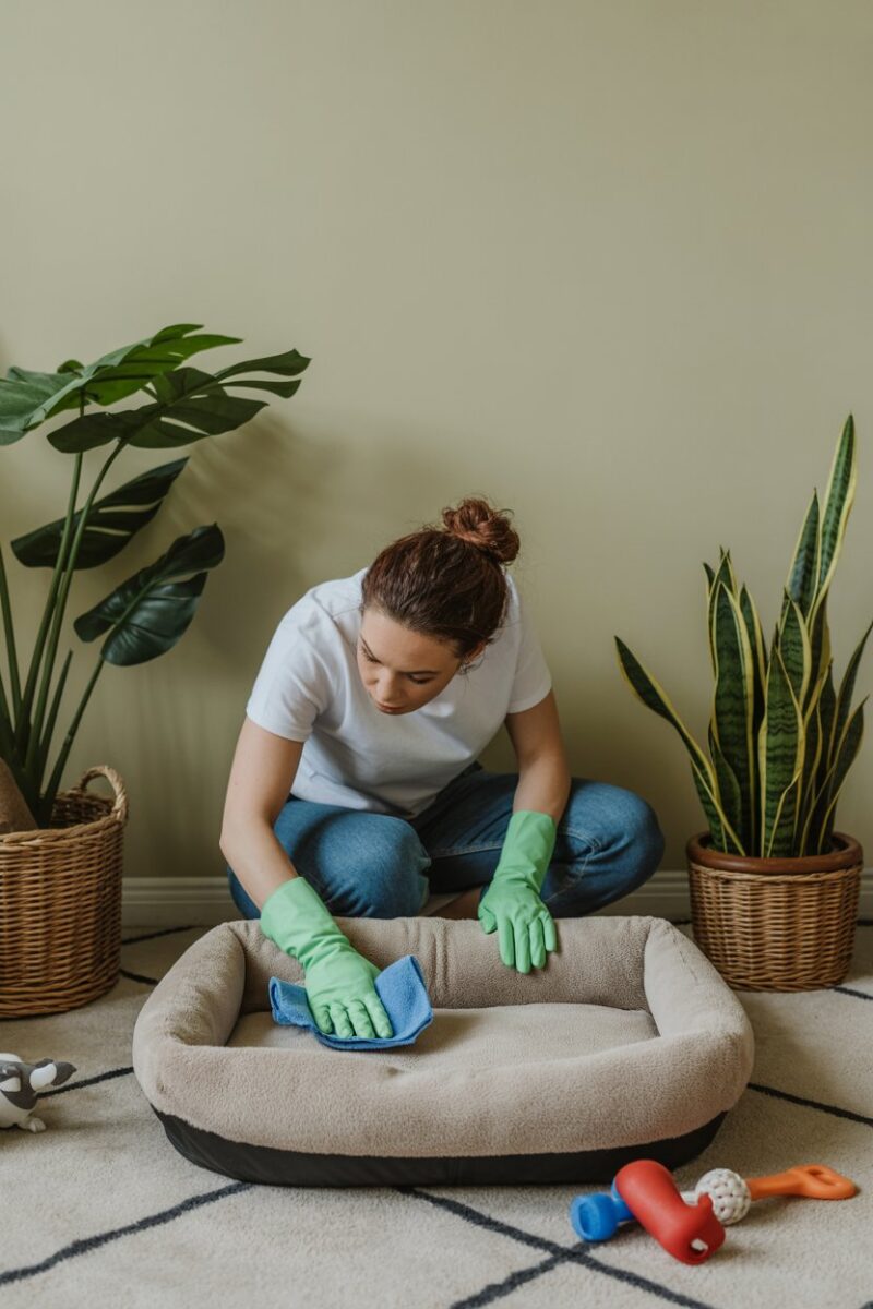 A person cleaning a pet bed with a blue cloth, surrounded by toys and plants.