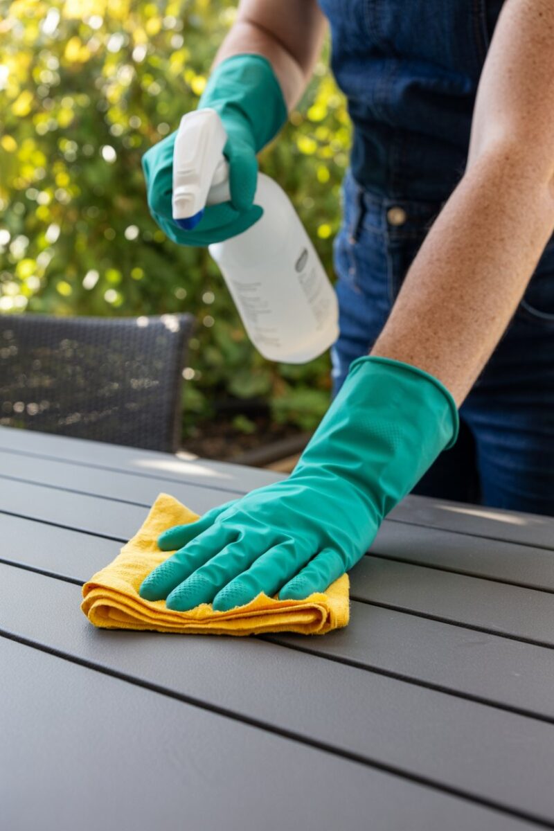 A person cleaning outdoor furniture with gloves and a cloth.