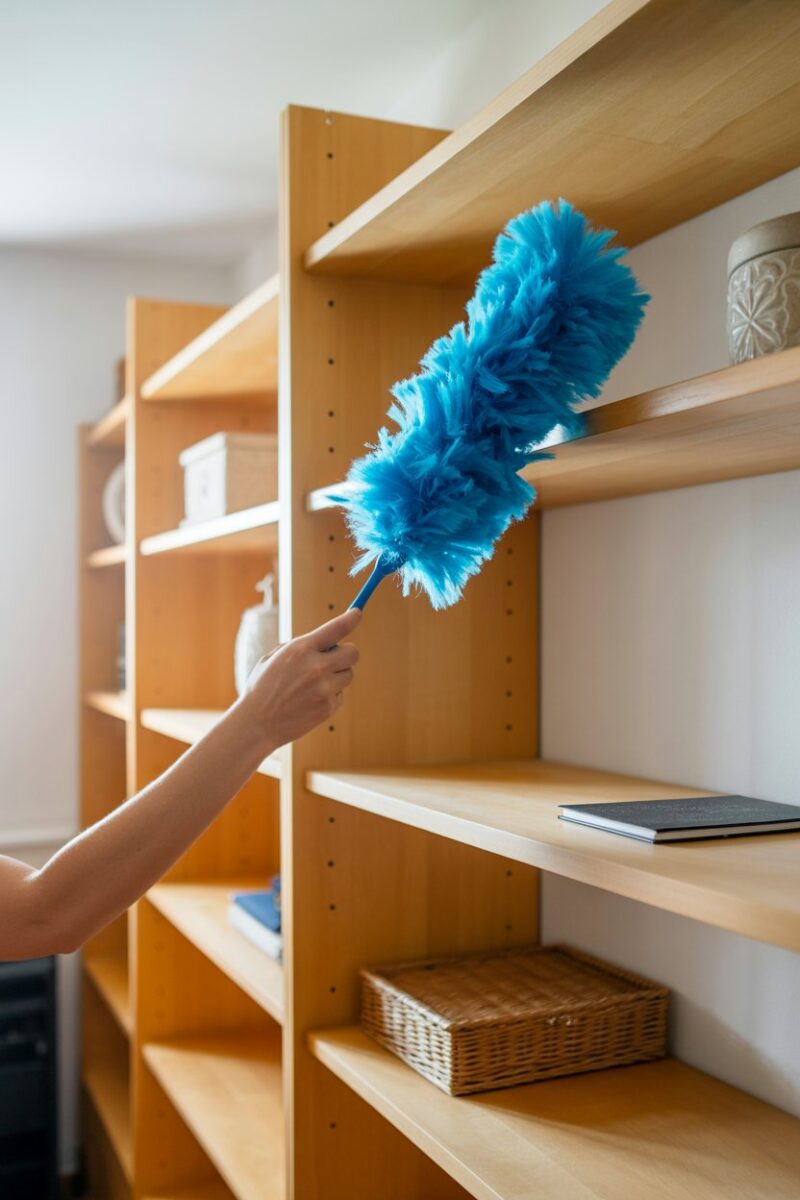 A person dusting shelves with a blue duster in a bright room.