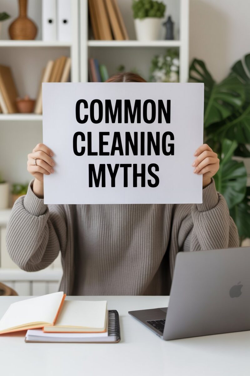 A person holding a sign that says 'Common Cleaning Myths' while sitting at a desk with a laptop and notebooks.
