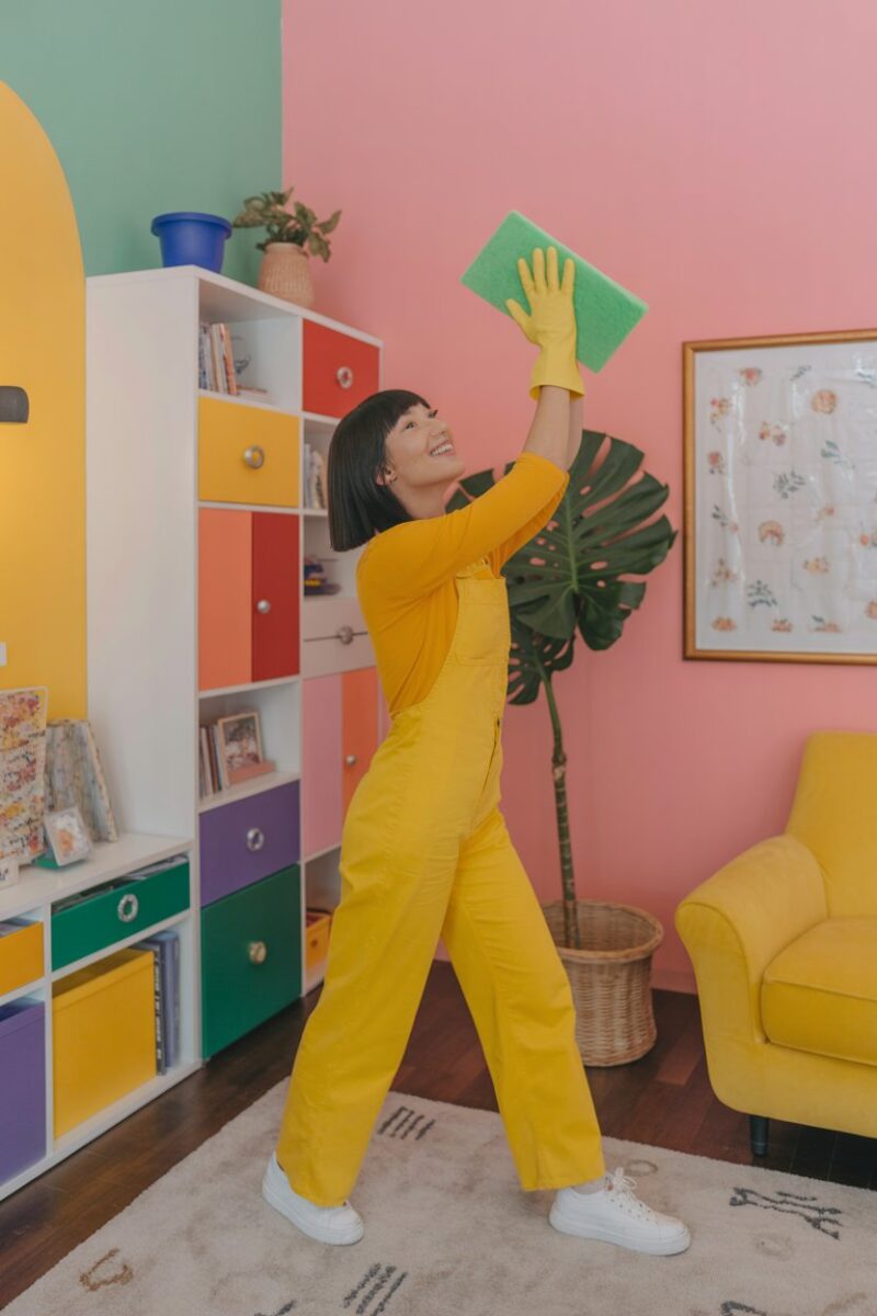 A person in a bright yellow outfit happily cleaning a colorful room.