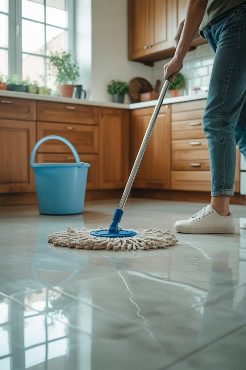A person mopping a shiny floor in a kitchen with a mop and bucket.