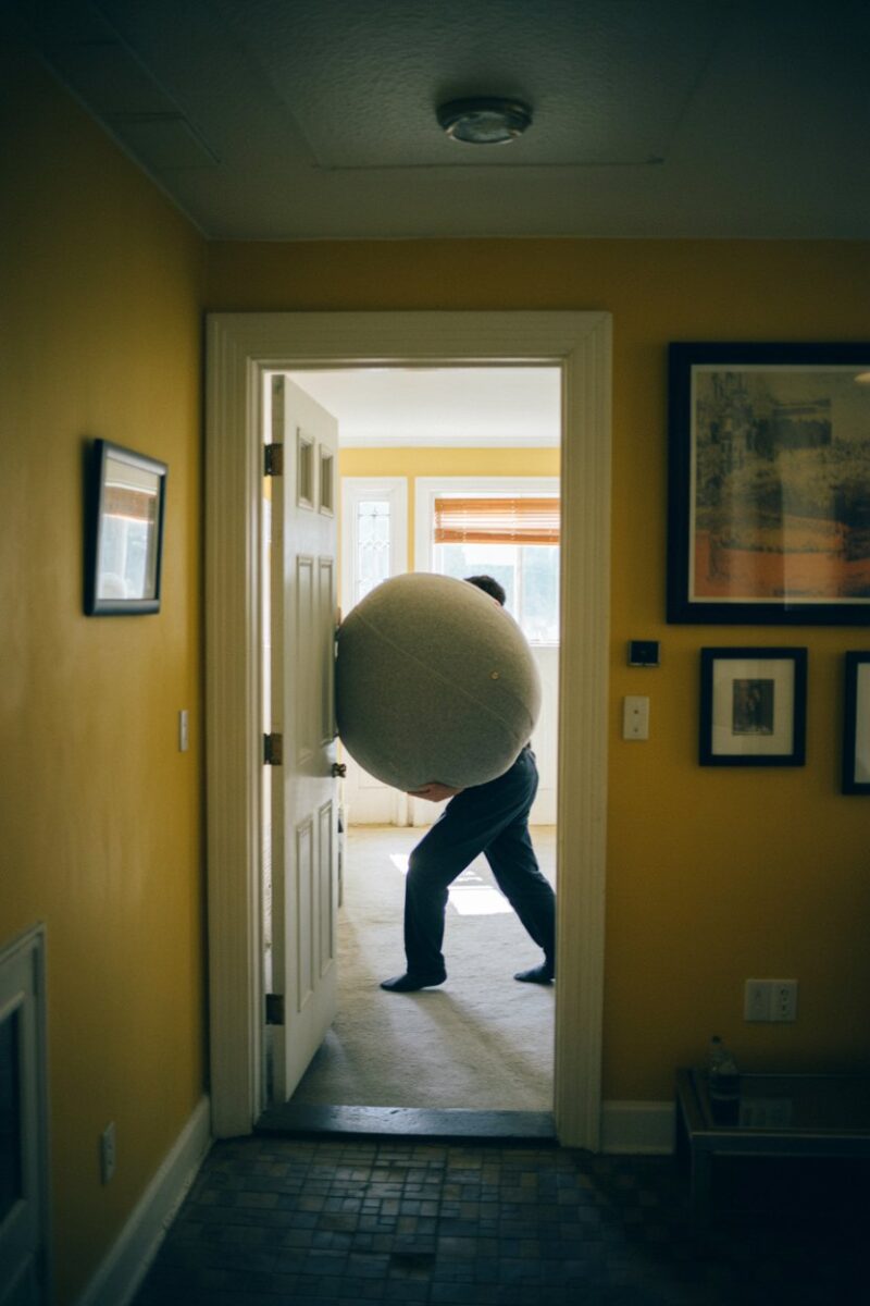 A person moving a large round object out of a home through a doorway.
