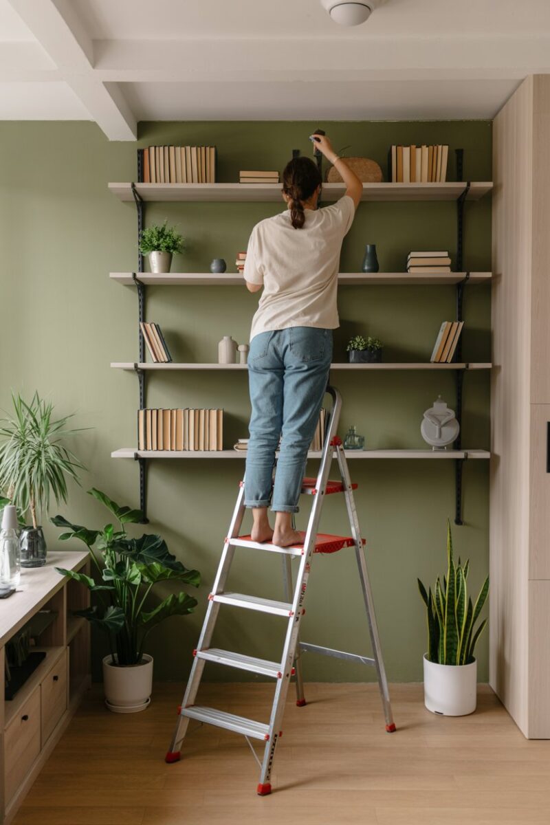 A person on a ladder organizing shelves in a cozy room with plants and books.