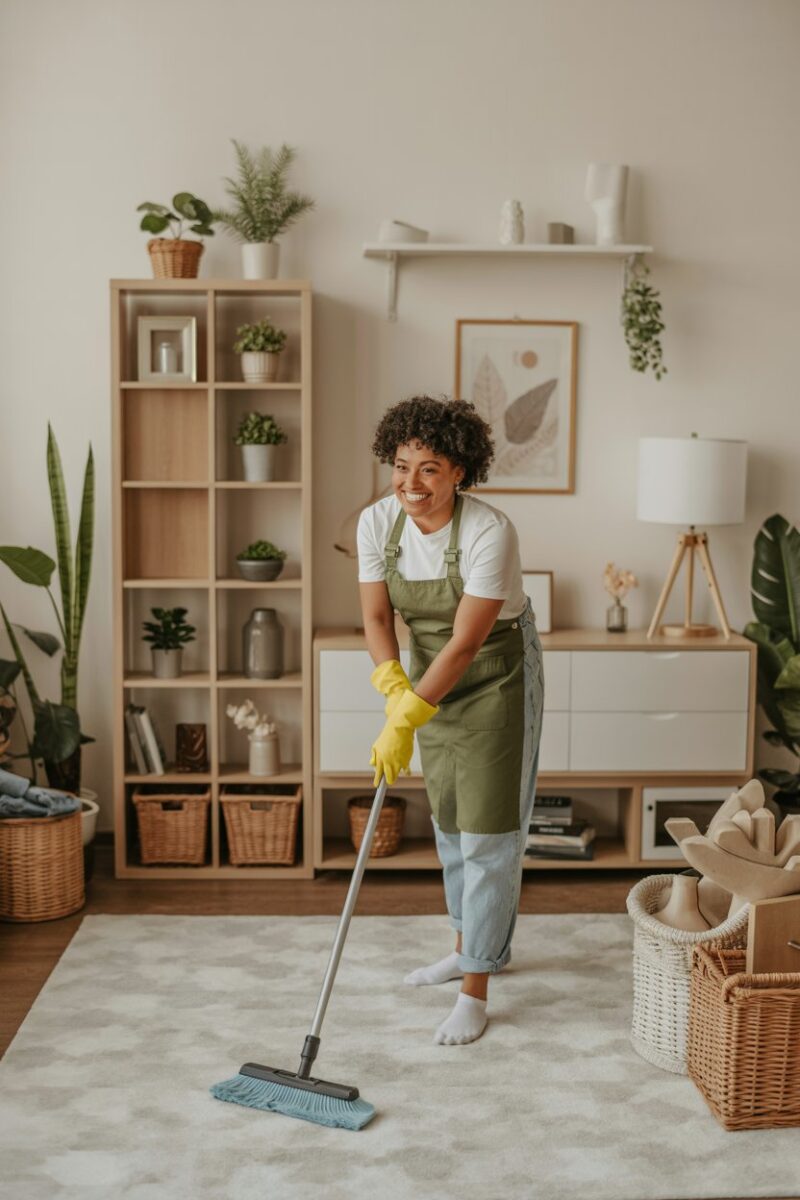 A person smiling while cleaning in a bright, organized room with plants and decorative items.
