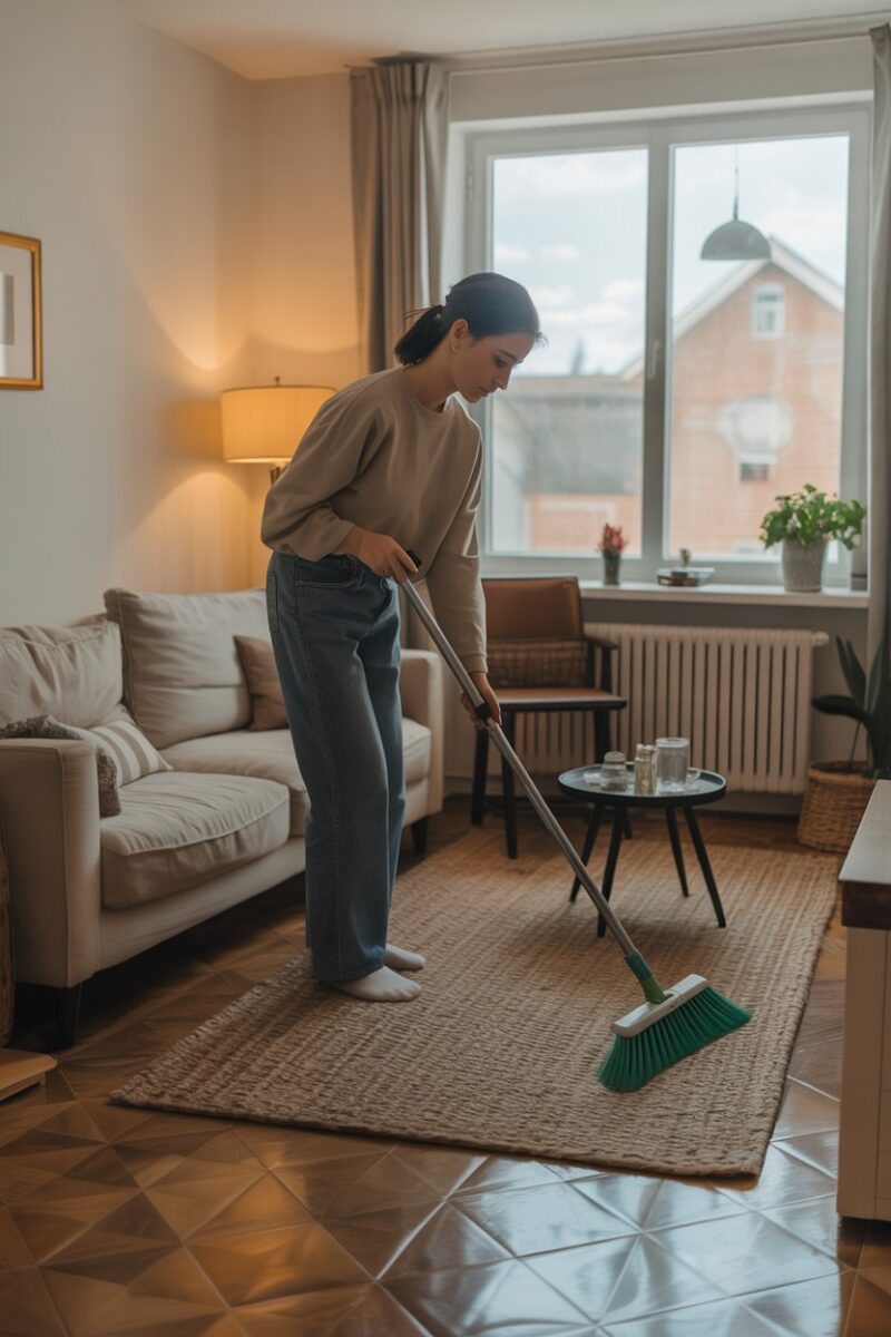 A person sweeping the floor in a cozy living room.
