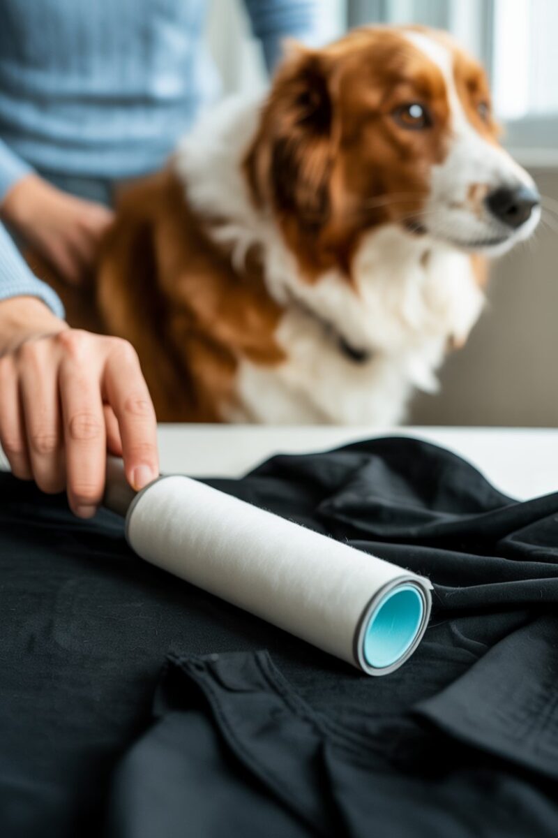 A person using a lint roller on a black garment with a dog in the background.