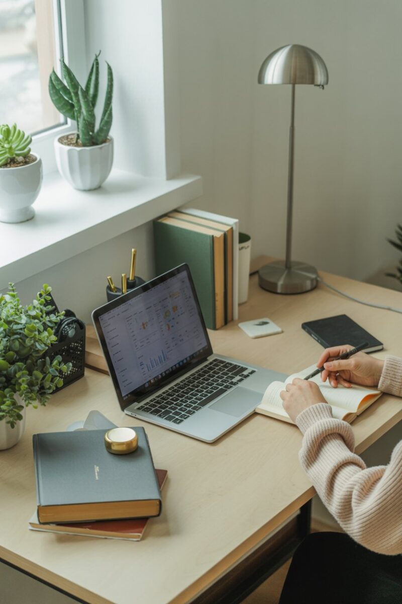 A person working at a clean desk with plants and books.