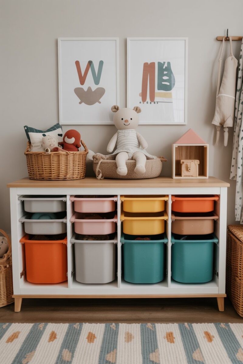 A repurposed dresser with colorful bins and toys, showcasing creative storage solutions.