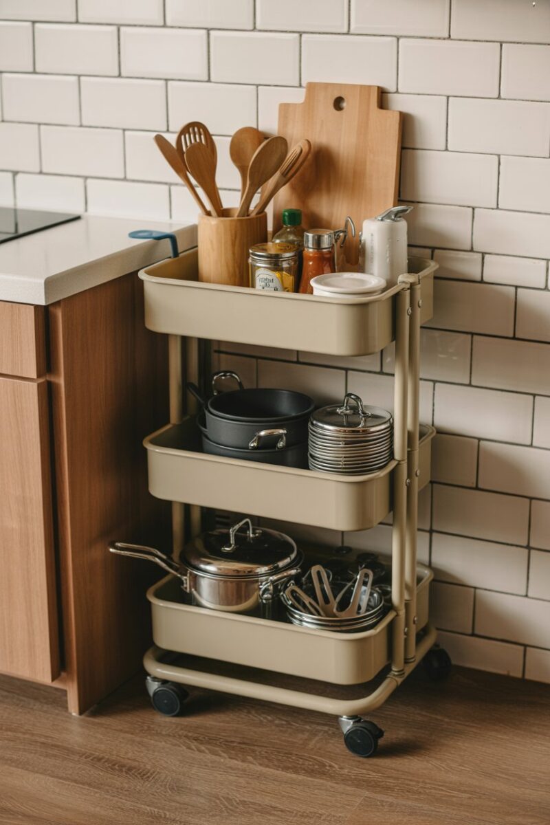 A rolling cart filled with kitchen supplies, including pots, utensils, and condiments.