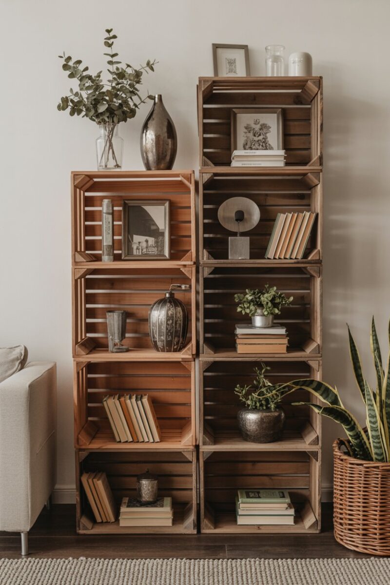 A rustic bookshelf made from wooden crates displaying various books and decorative items.