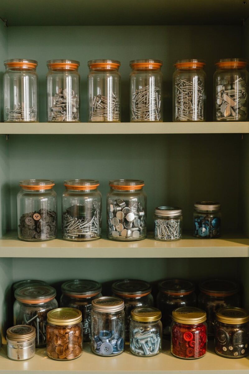 A shelf with various jars containing small items like screws and buttons.