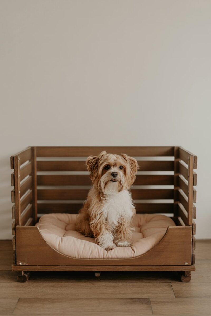 A small dog sitting on a cushioned wood crate pet bed.